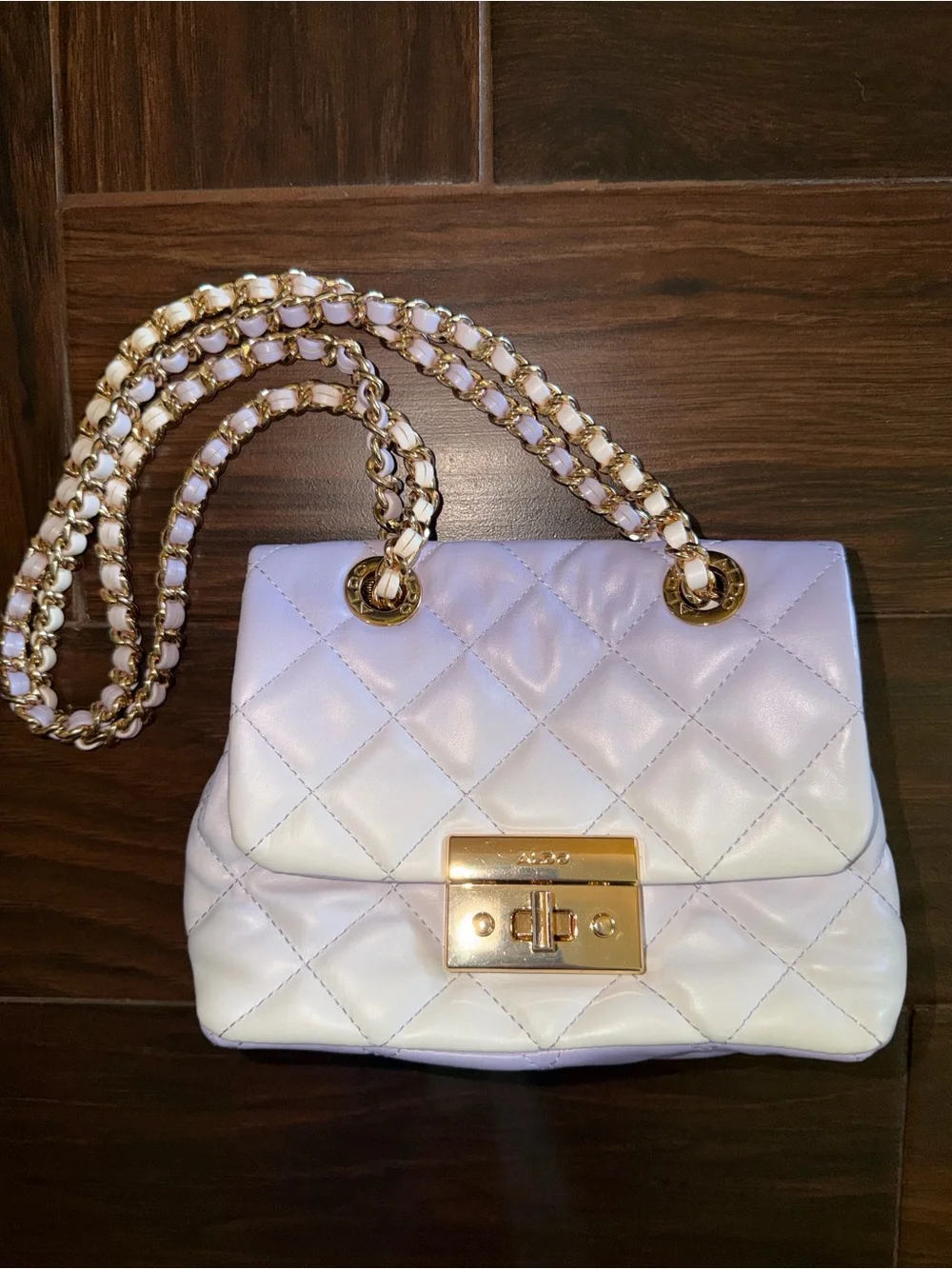 Aldo White and Purple Quilted Chain-Handle Shoulder Bag with Gold Hardware